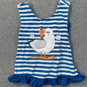 Honey Bean Pelican Fish Beach Crossover Back Tank Top Girls 3 Blue/White Stripe